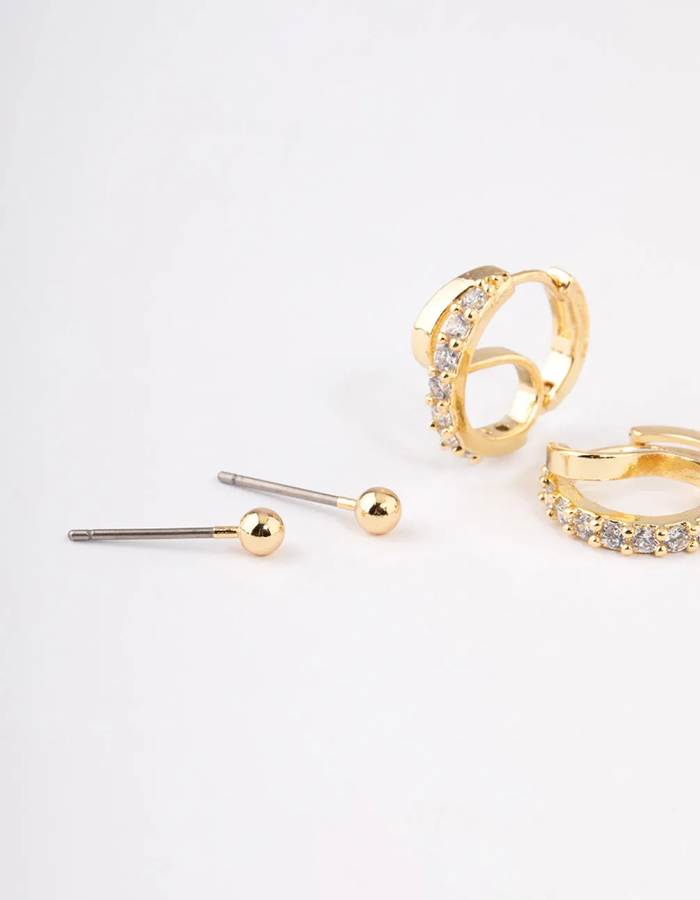 Gold Plated Brass Cubic Zirconia Double Hoop Earrings Pack