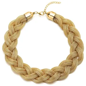 Gold Statement Necklace, Braided Hollow Cable Large Bib Choker Collar, Dress Prom