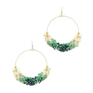 Green Ombre Flowers On Gold Hoop 2" Earrings