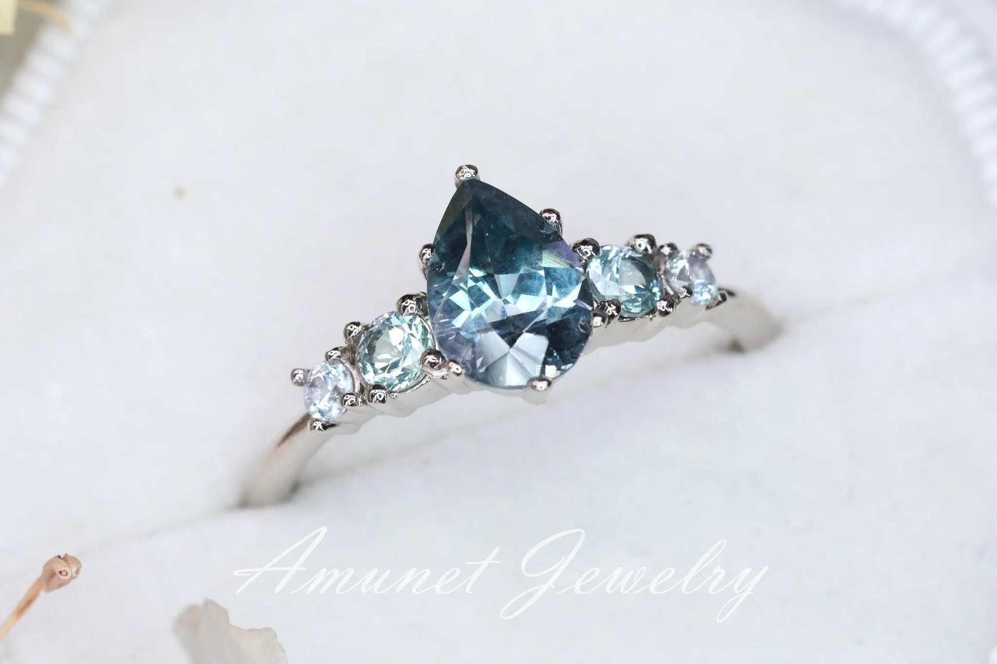 Green sapphire ring, montana sapphire ring, pear sapphire ring, engagement ring
