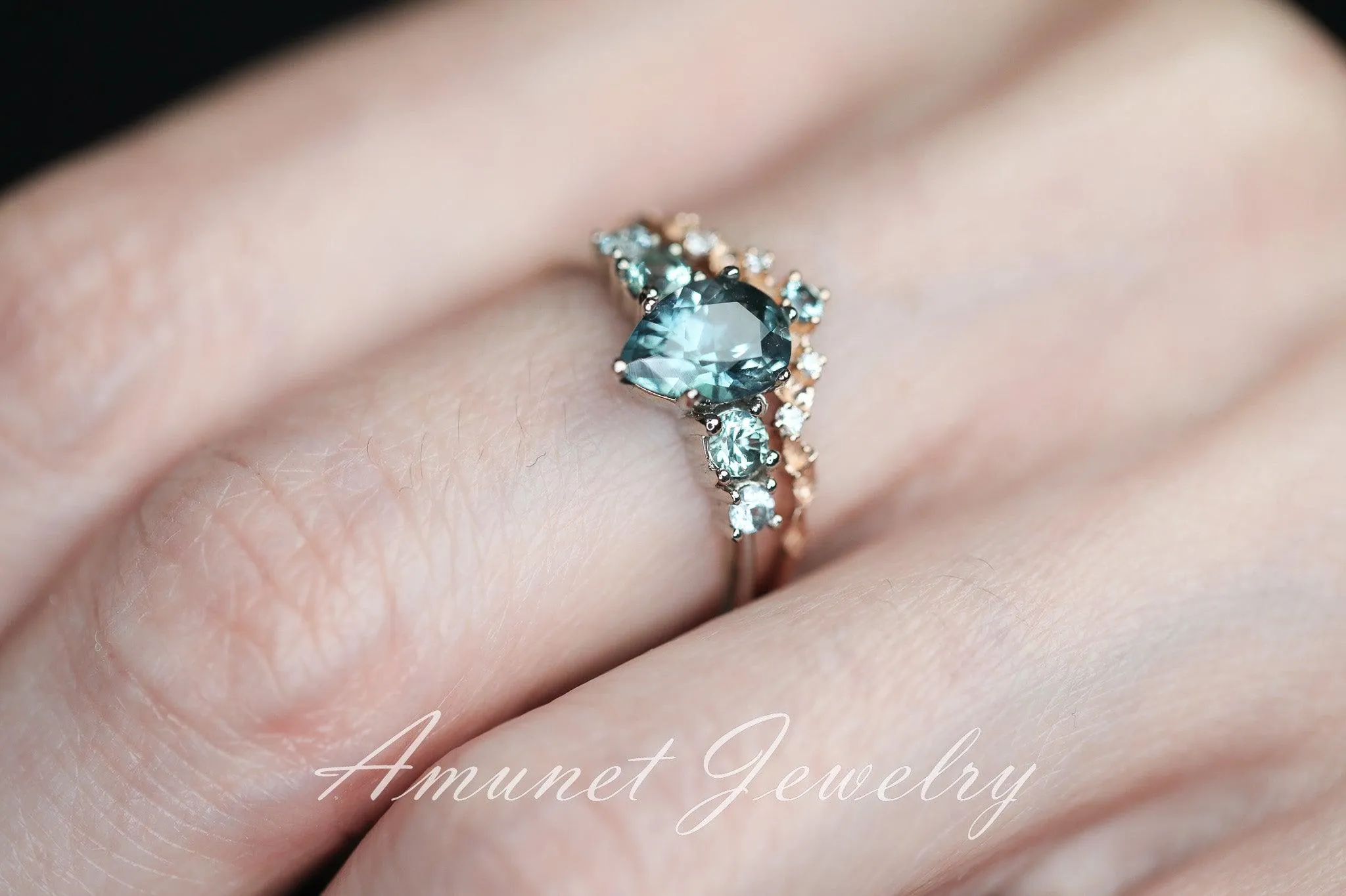 Green sapphire ring, montana sapphire ring, pear sapphire ring, engagement ring