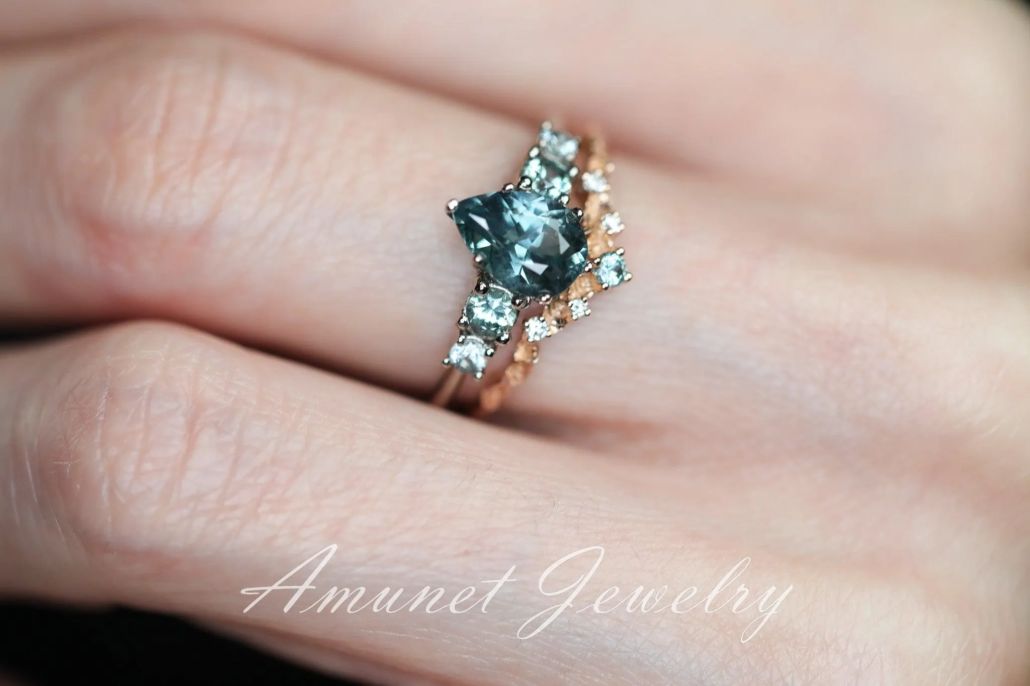 Green sapphire ring, montana sapphire ring, pear sapphire ring, engagement ring