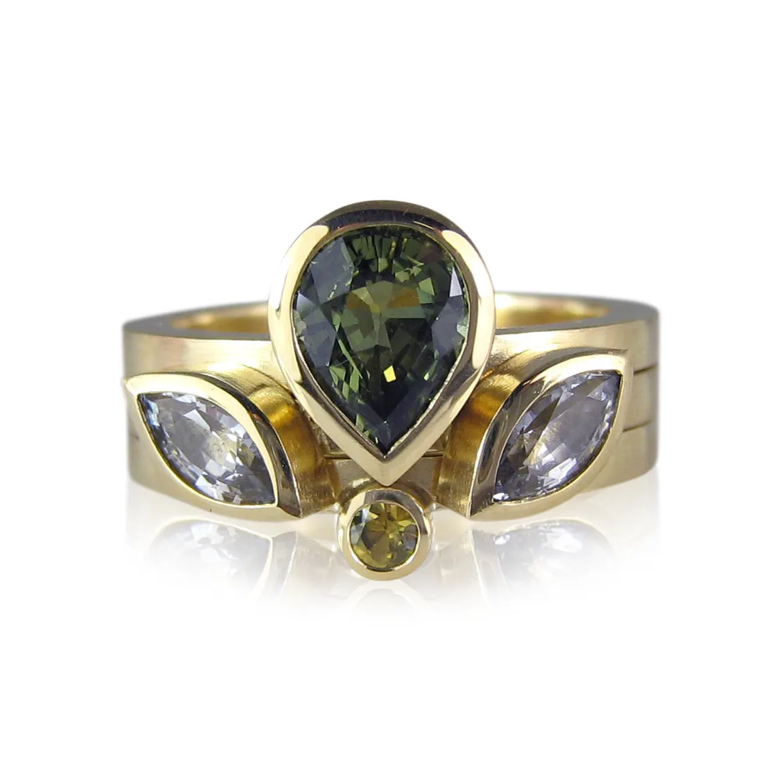 green, white, & yellow sapphires and origami crown stack