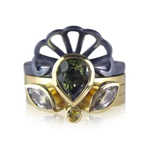 green, white, & yellow sapphires and origami crown stack