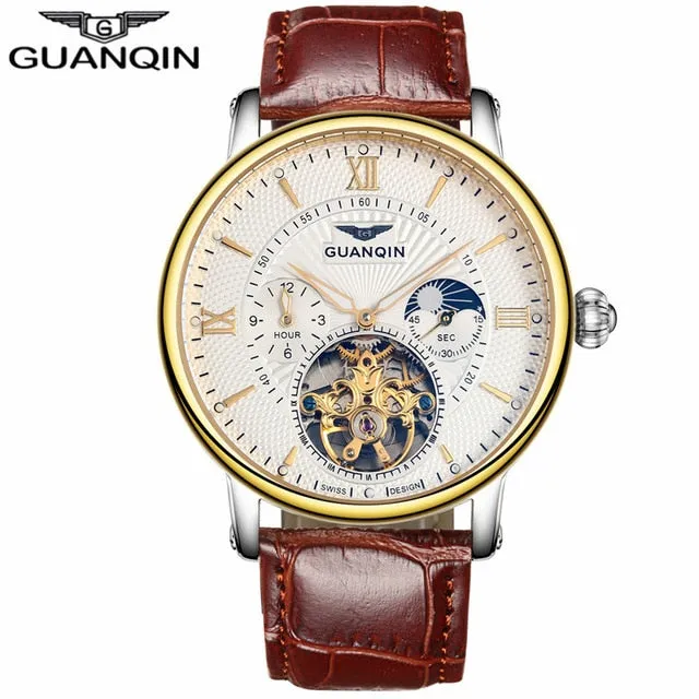 GUANQIN Mens Watches Top Brand Luxury Tourbillon Automatic Mechanical Watch Men Casual Fashion Leather Strap Skeleton Wristwatch