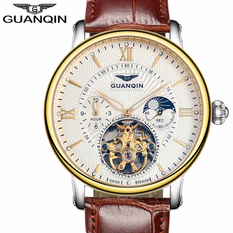 GUANQIN Mens Watches Top Brand Luxury Tourbillon Automatic Mechanical Watch Men Casual Fashion Leather Strap Skeleton Wristwatch