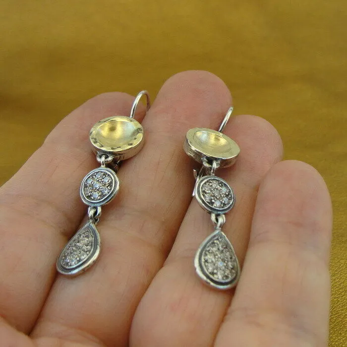Hadar Designers 9k Yellow Gold 925 Silver Zircon Long Earrings Handmade Art (Sy