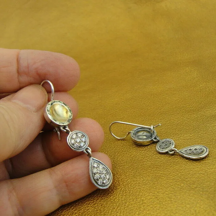 Hadar Designers 9k Yellow Gold 925 Silver Zircon Long Earrings Handmade Art (Sy
