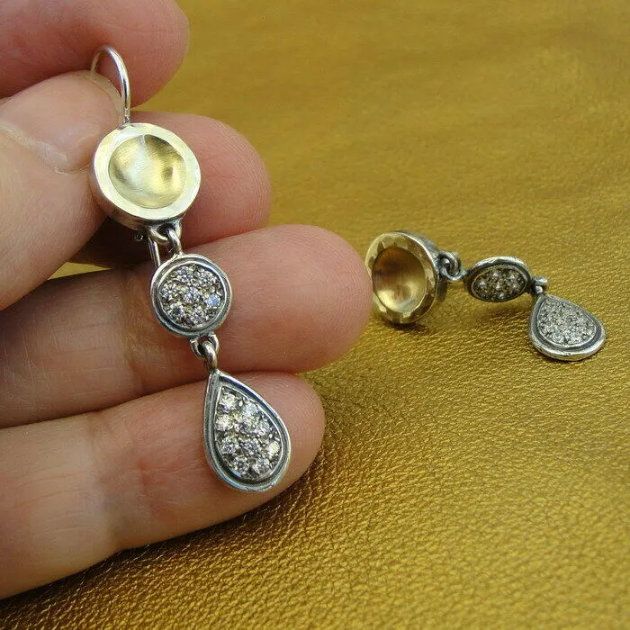 Hadar Designers 9k Yellow Gold 925 Silver Zircon Long Earrings Handmade Art (Sy