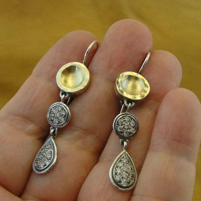 Hadar Designers 9k Yellow Gold 925 Silver Zircon Long Earrings Handmade Art (Sy