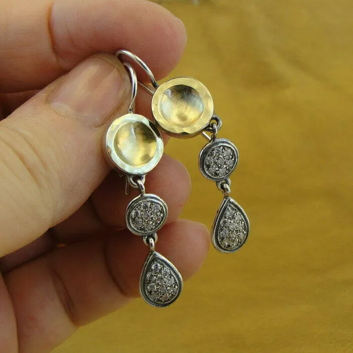 Hadar Designers 9k Yellow Gold 925 Silver Zircon Long Earrings Handmade Art (Sy