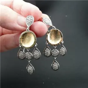 Hadar Designers Long 9k Yellow Gold Sterling Silver Zircon Earrings Handmade (Sy