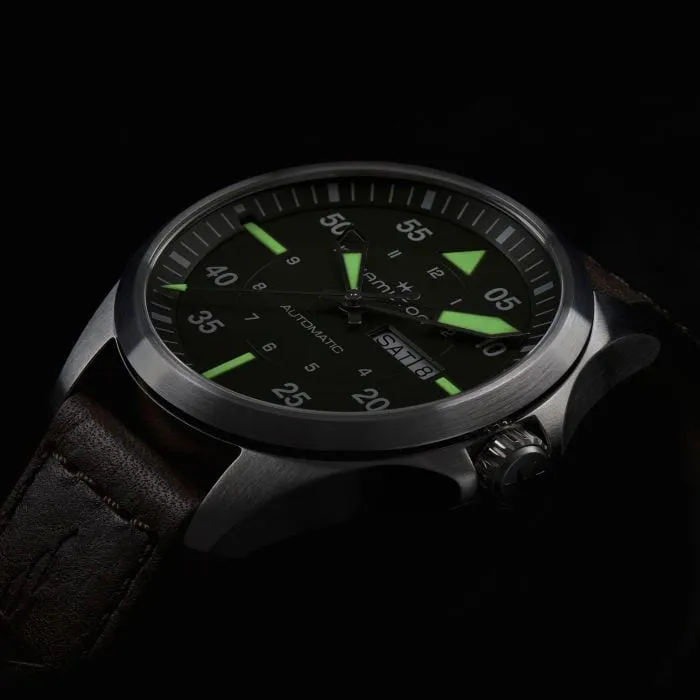 Hamilton Khaki Aviation Pilot Day Date Auto Green on Leather