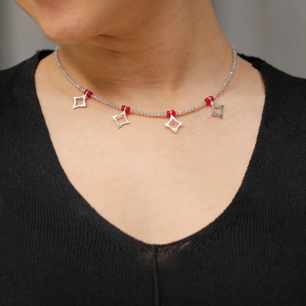Hammered Charms Necklace with Labradorite and Ruby
