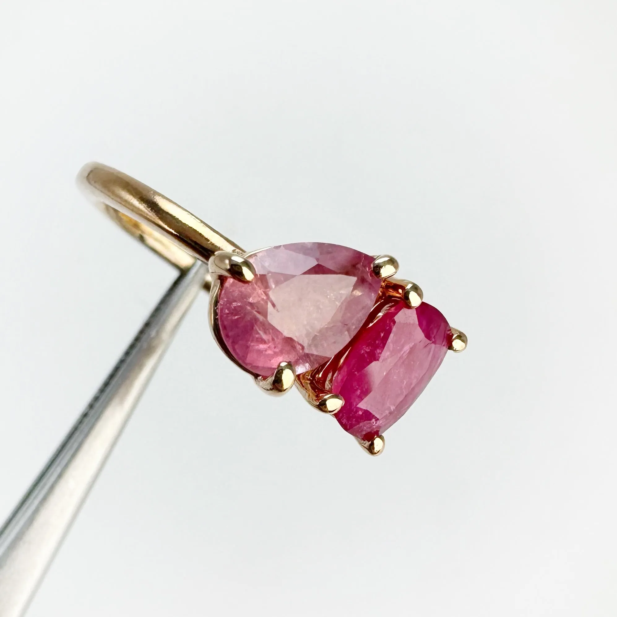 Handmade 5 x 8 mm. Pear Cut Pink Madagascan Sapphire and Ruby Ring (Blemished)