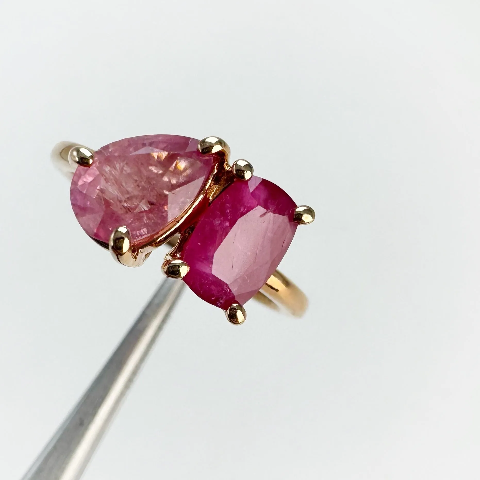 Handmade 5 x 8 mm. Pear Cut Pink Madagascan Sapphire and Ruby Ring (Blemished)