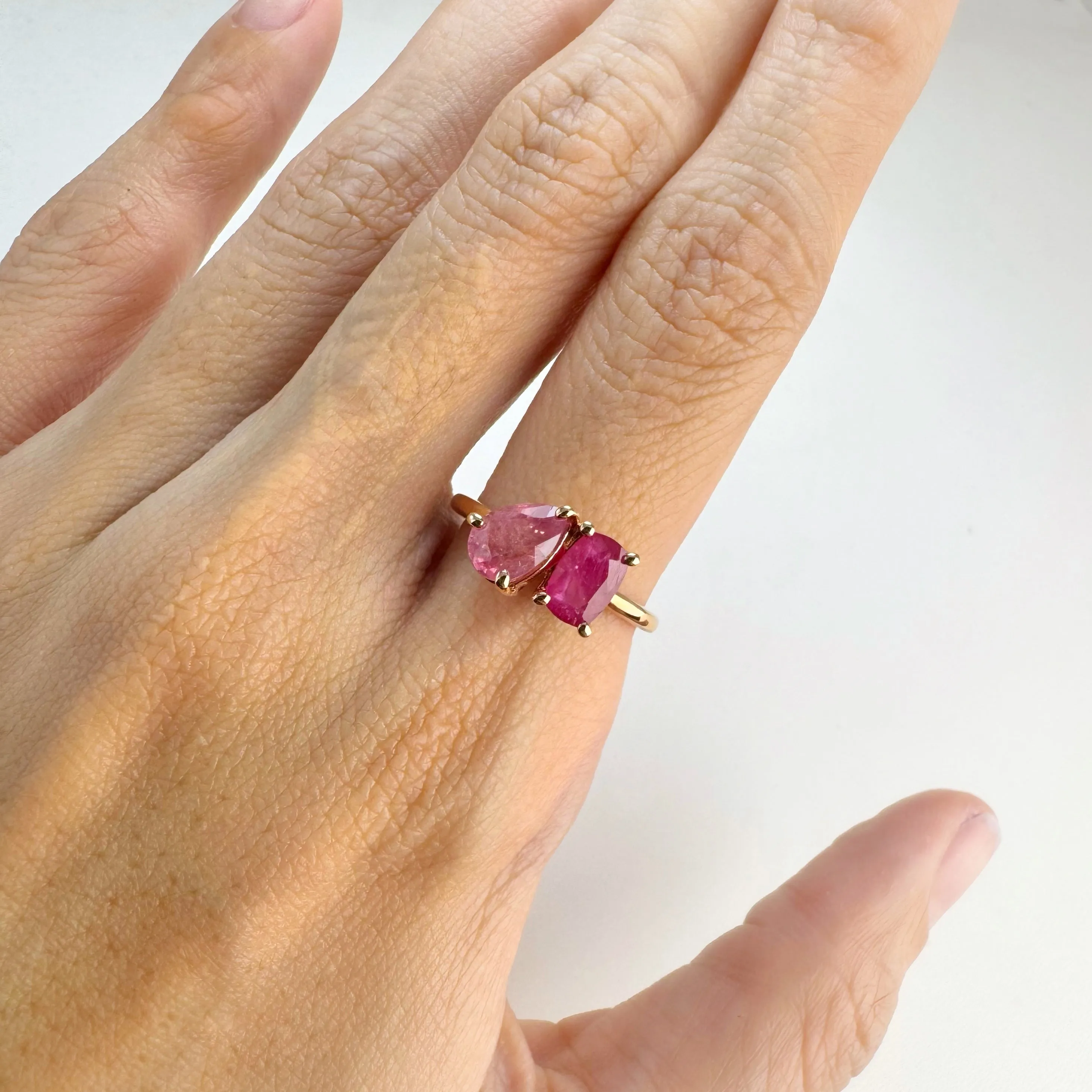 Handmade 5 x 8 mm. Pear Cut Pink Madagascan Sapphire and Ruby Ring (Blemished)