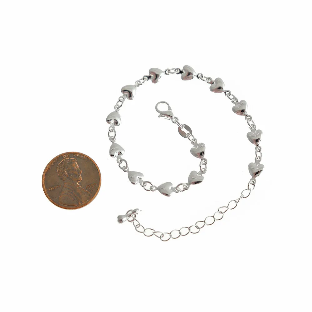 Heart Silver Tone Chain Link Bracelets 6" Plus Extender - 5mm - Choose Your Quantity!