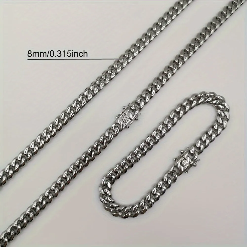 Hip Hop 8mm Stainless Steel Cuban Link Chain Set