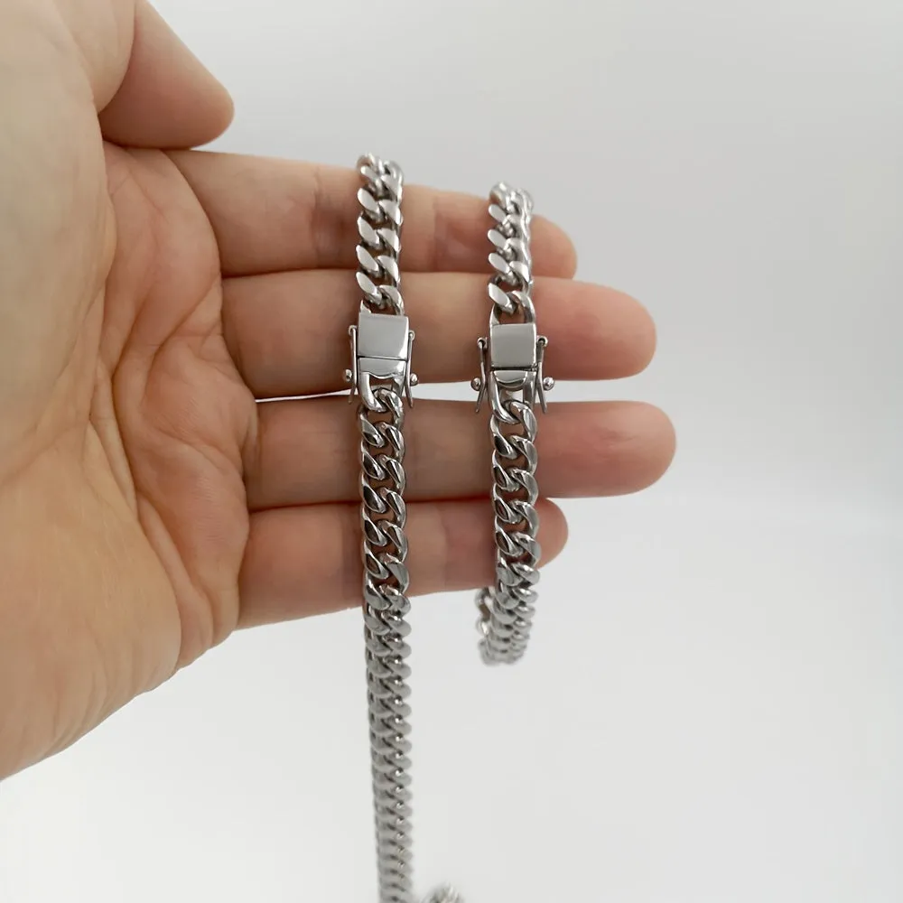 Hip Hop 8mm Stainless Steel Cuban Link Chain Set