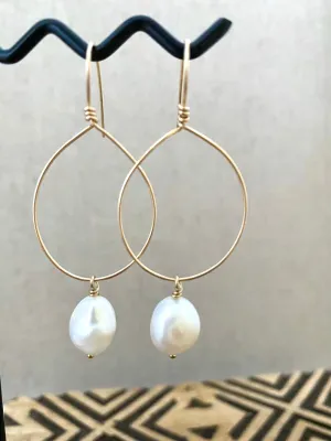 Hoop Earrings with White Freshwater pearl Drop - Gold fill or Sterling Silver