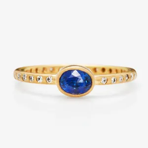 Hoopstock Mini Oval Blue Sapphire and Diamond Ring in 20K Peach Gold