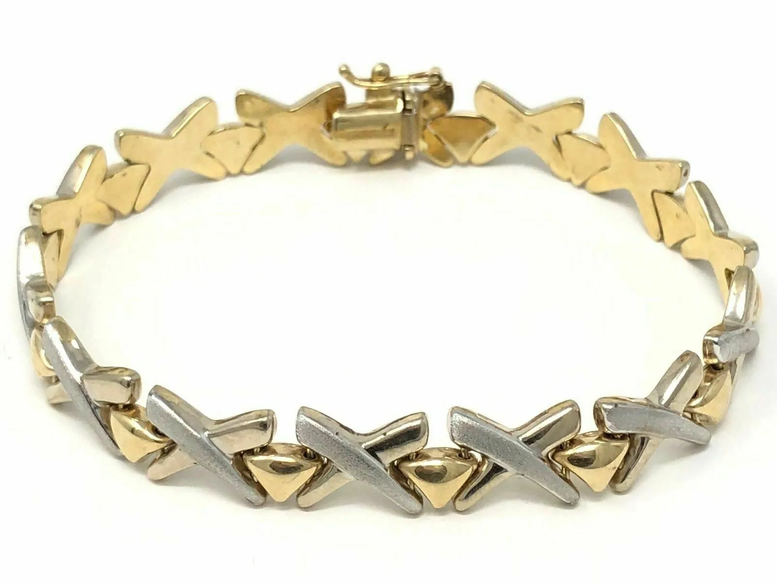 Italian 14k Two Tone Gold Fancy X Criss Cross Bracelet 7" 9mm 11 grams