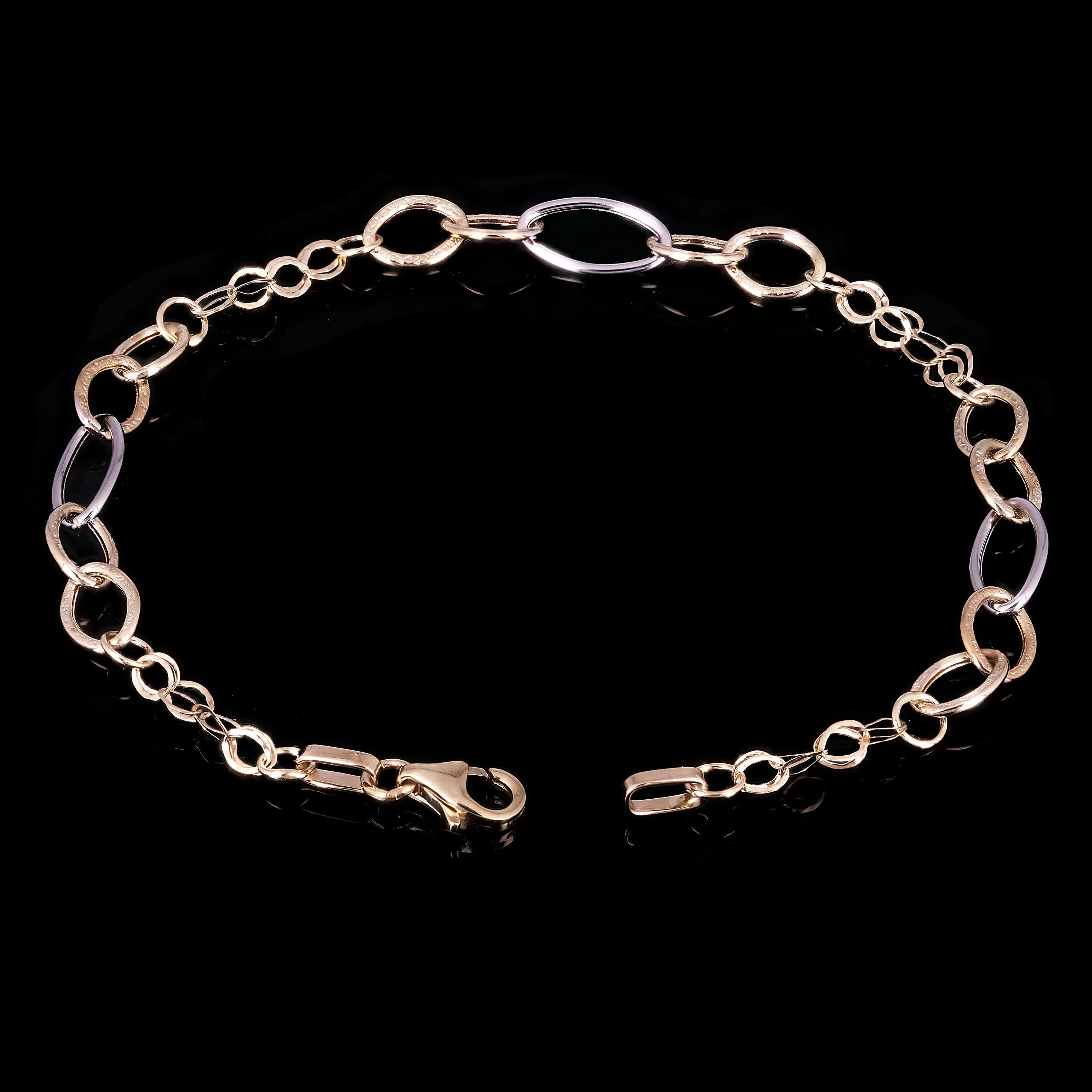 Italian 14k Yellow & White Gold Hollow Oval & Round Link Bracelet 7.25" 6mm 2g