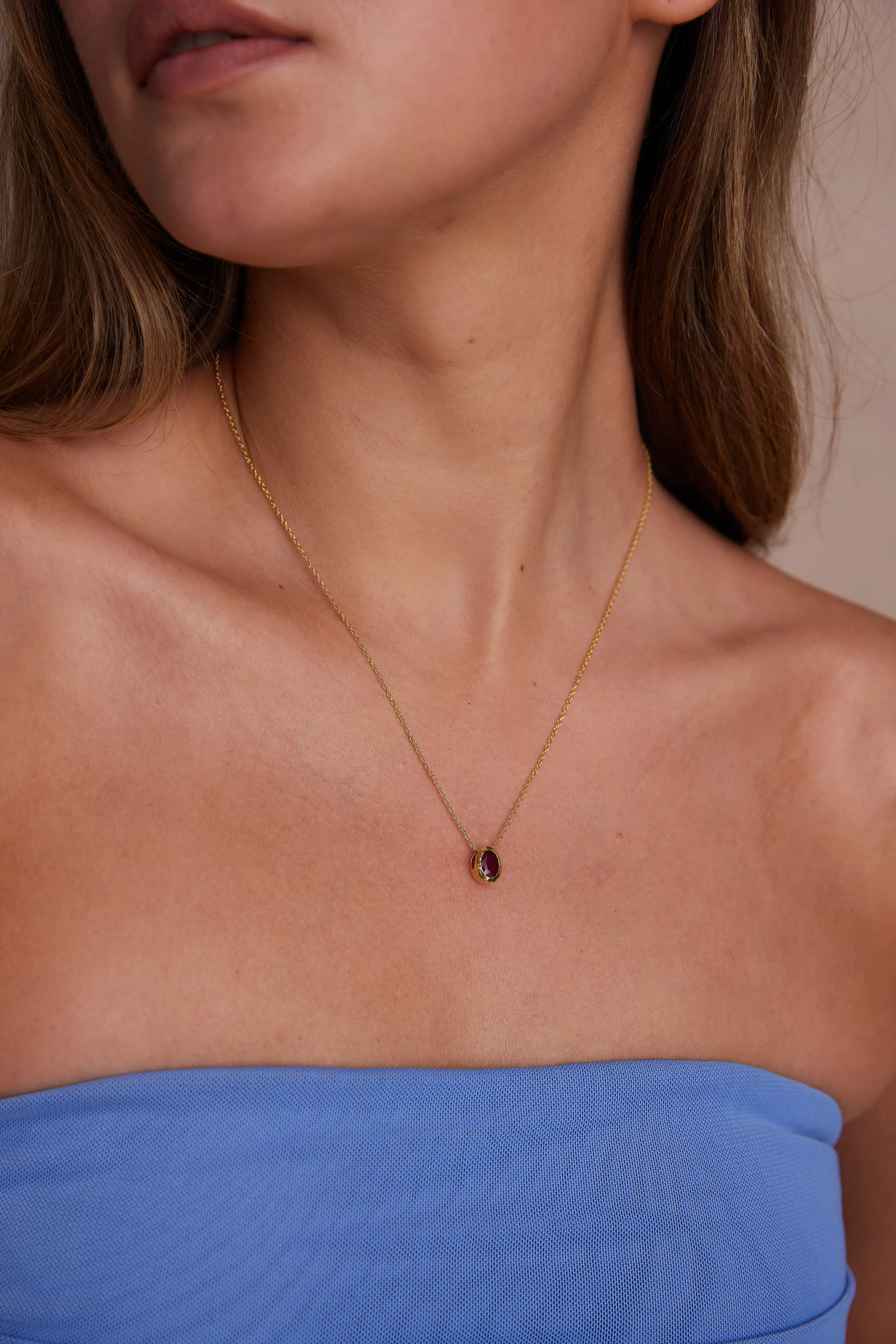 July Ruby Gold Oval Birthstone Necklace