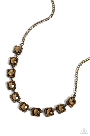 Jump SQUARE - Brass - Aurum Stiletto Rhinestone Paparazzi Short Necklace