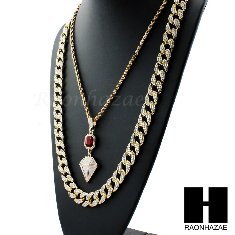 LAB DIAMOND SHAPE 30" CUBAN LINK CHAIN RED RUBY COMBO NECKLACE SET05