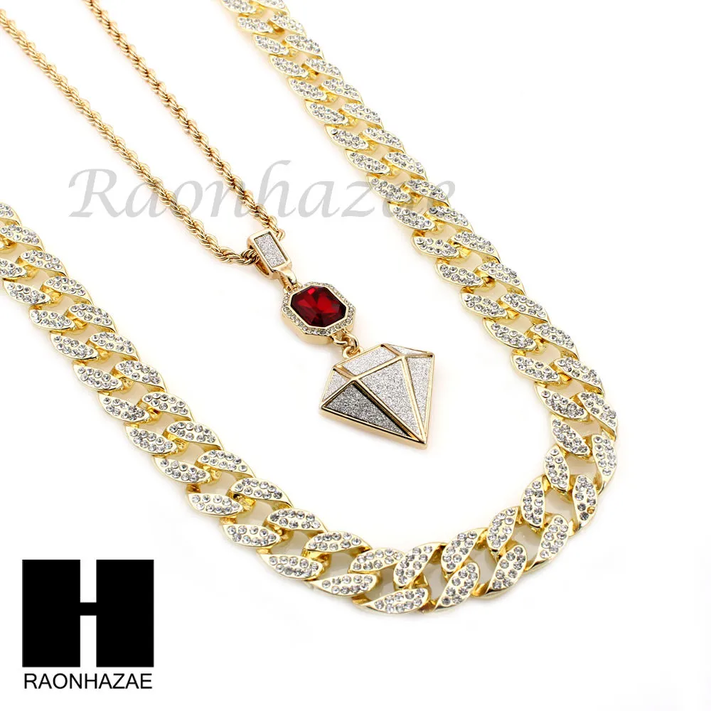 LAB DIAMOND SHAPE 30" CUBAN LINK CHAIN RED RUBY COMBO NECKLACE SET05