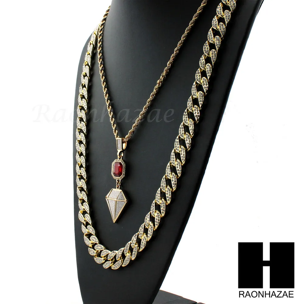 LAB DIAMOND SHAPE 30" CUBAN LINK CHAIN RED RUBY COMBO NECKLACE SET05