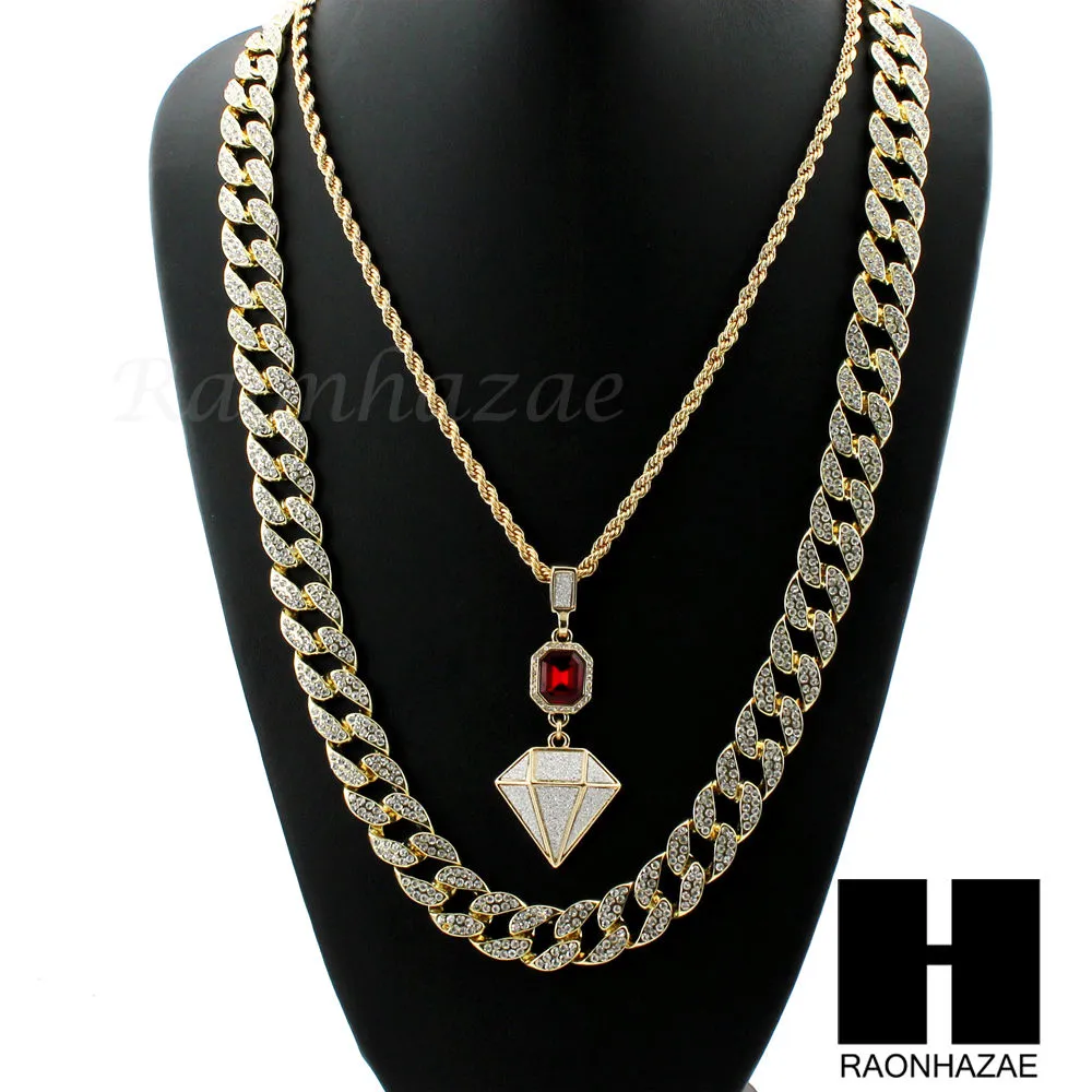 LAB DIAMOND SHAPE 30" CUBAN LINK CHAIN RED RUBY COMBO NECKLACE SET05