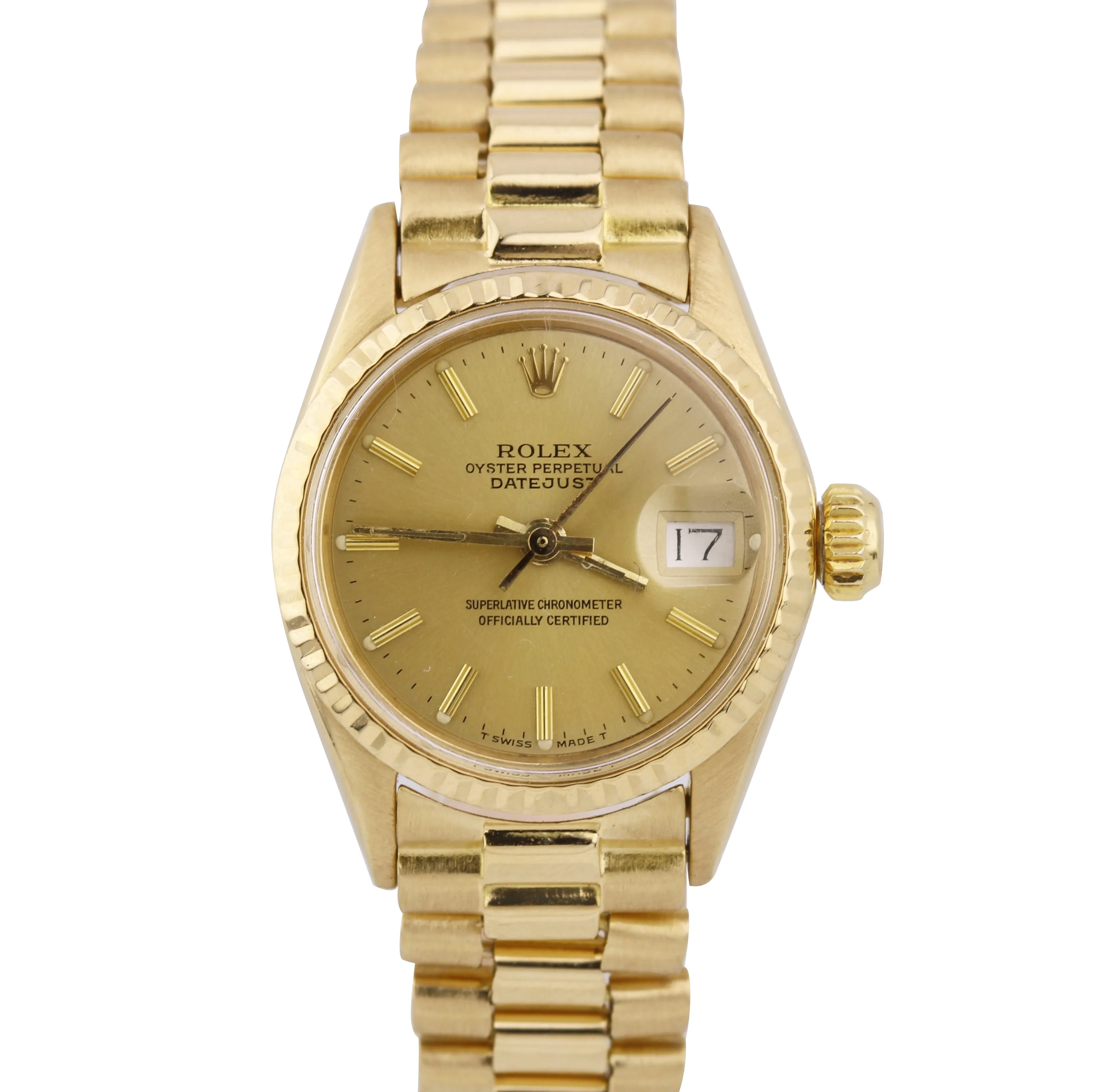 Ladies Rolex DateJust President 26mm Champagne 18K Yellow Gold Watch 6517