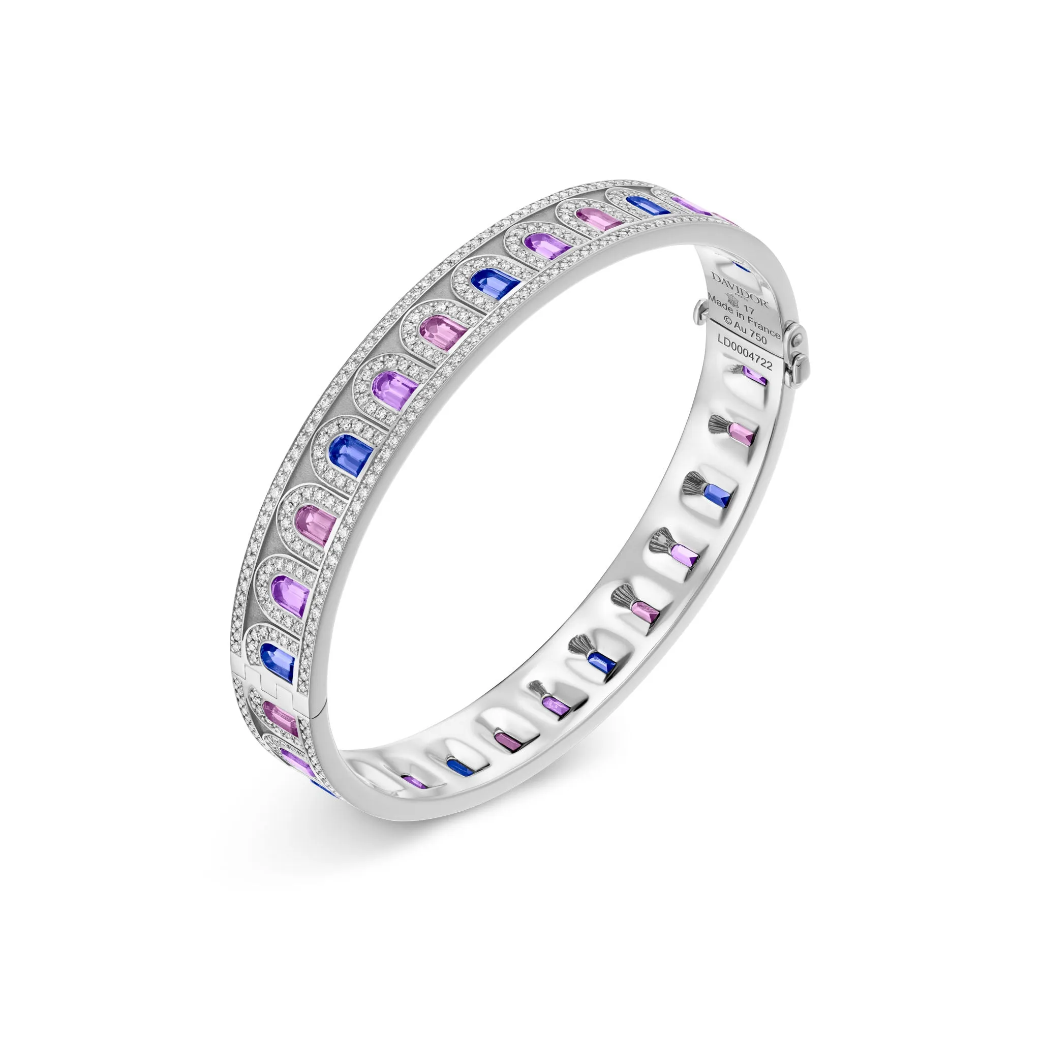L'Arc Deco Bangle in Platinum with DAVIDOR Arch Cut Blue, Pink and Violet Sapphires and Brilliant Diamonds