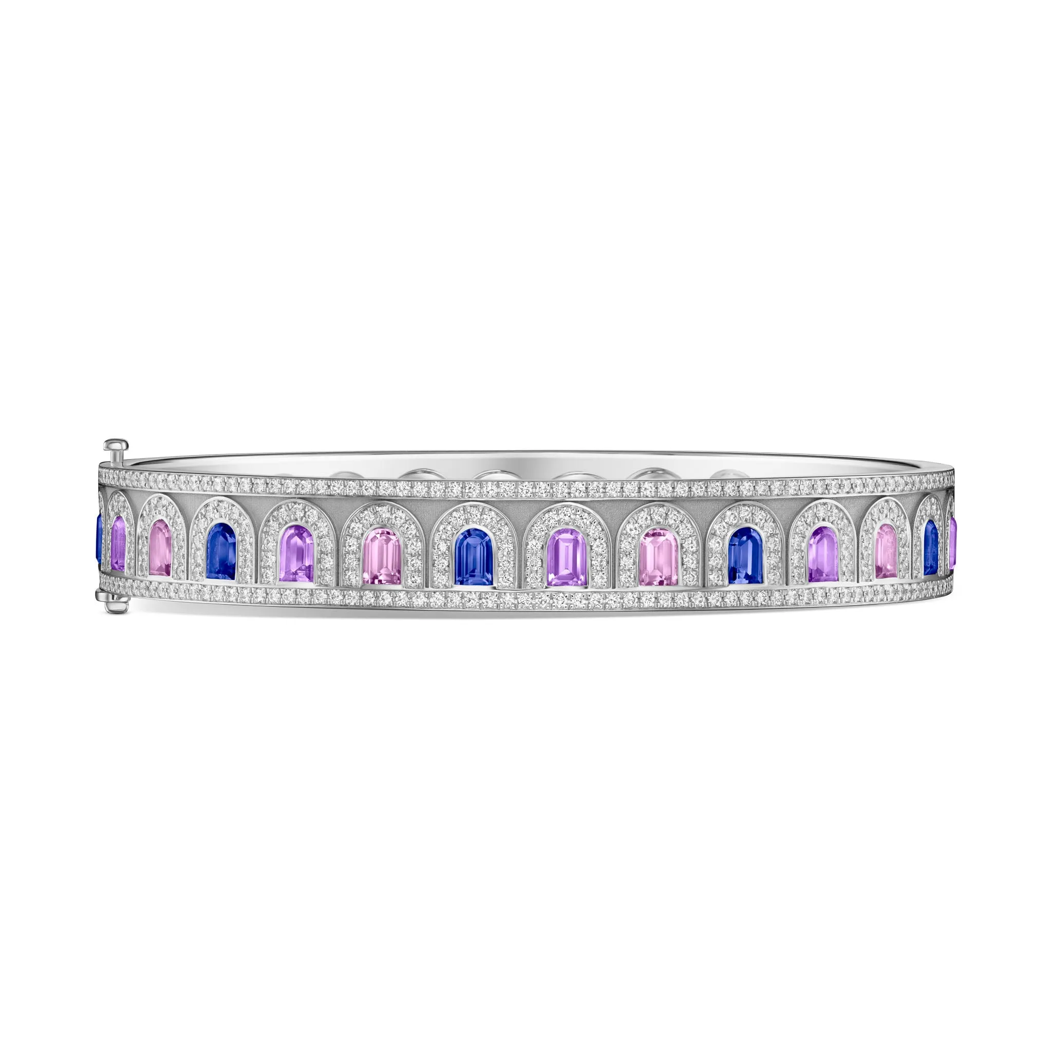 L'Arc Deco Bangle in Platinum with DAVIDOR Arch Cut Blue, Pink and Violet Sapphires and Brilliant Diamonds