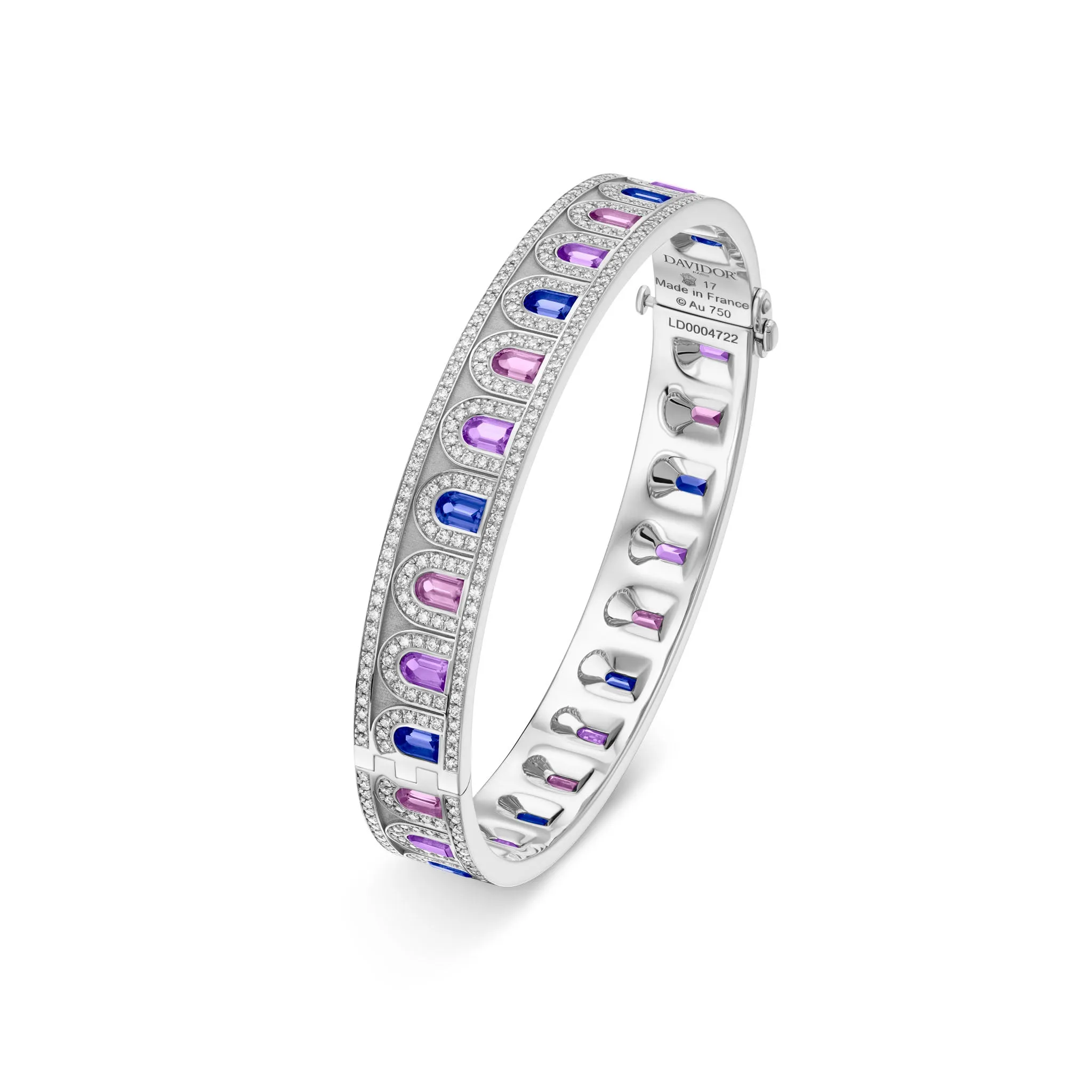 L'Arc Deco Bangle in Platinum with DAVIDOR Arch Cut Blue, Pink and Violet Sapphires and Brilliant Diamonds