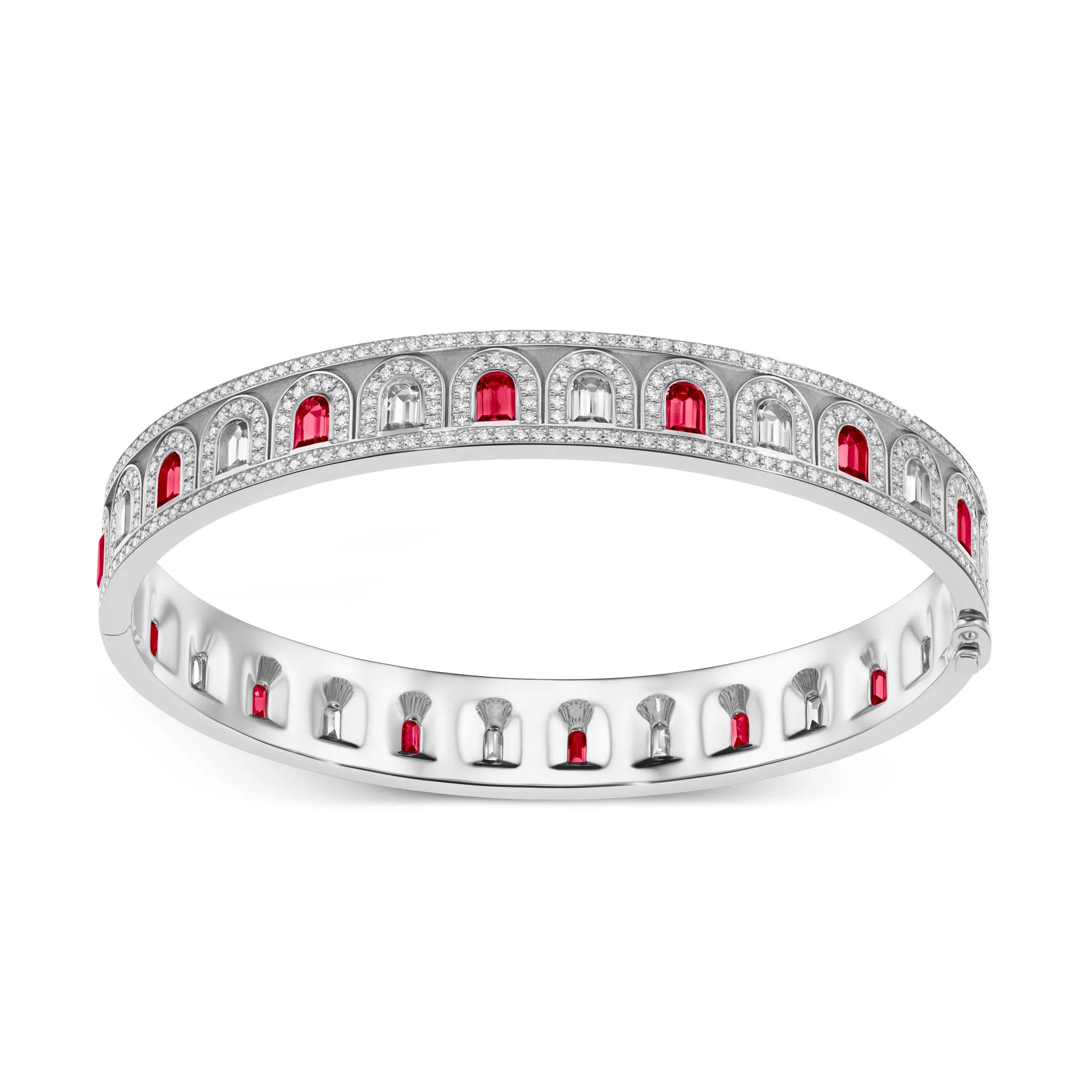 L'Arc Deco Bangle in Platinum with DAVIDOR Arch Cut Diamonds DAVIDOR Arch Cut Rubies and Brilliant Diamonds