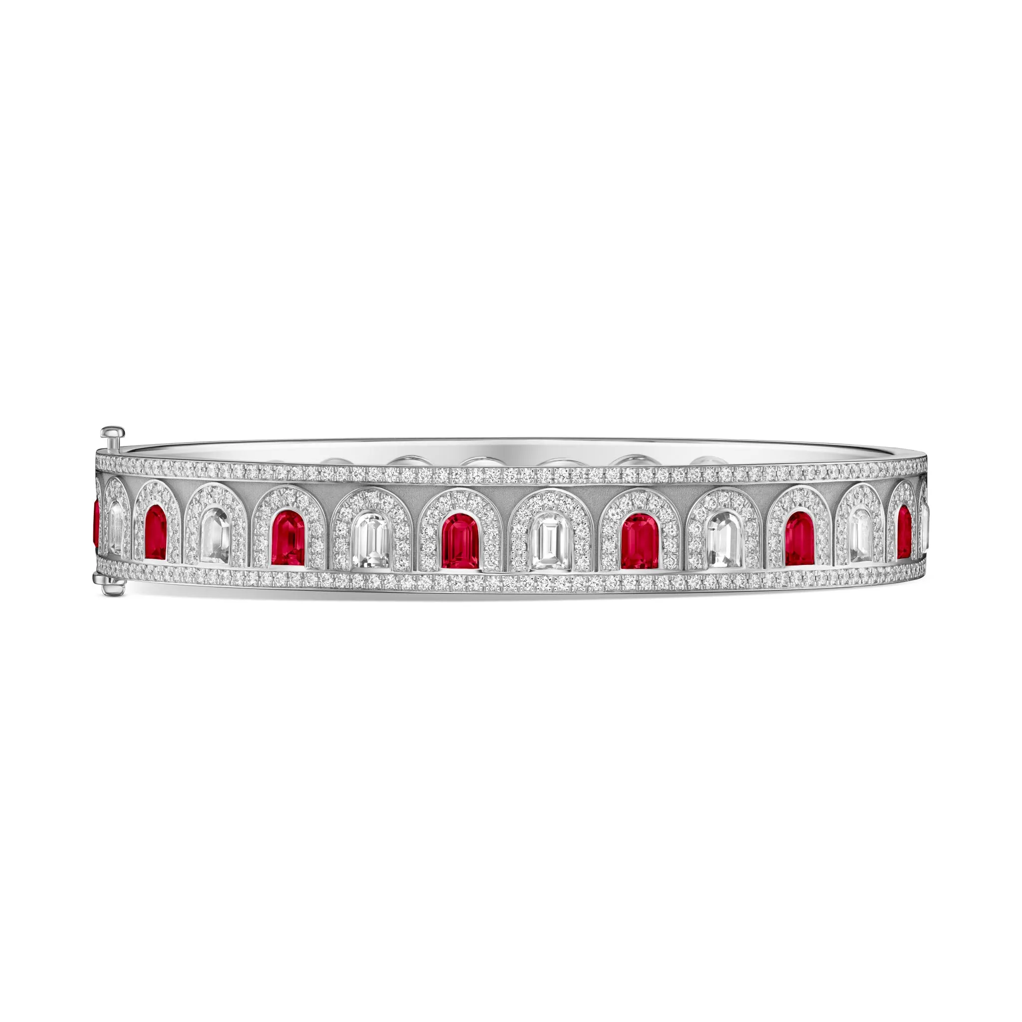L'Arc Deco Bangle in Platinum with DAVIDOR Arch Cut Diamonds DAVIDOR Arch Cut Rubies and Brilliant Diamonds
