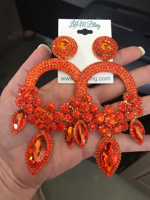 Large Long Elegant Orange Chandelier Pageant Prom Earrings | 444469