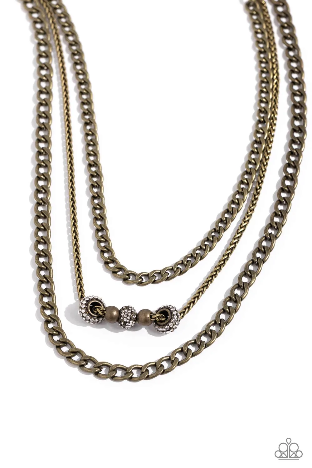 Layered Loyalty - Brass - Rhinestone Bead Tiered Curb Chain Paparazzi Short Necklace