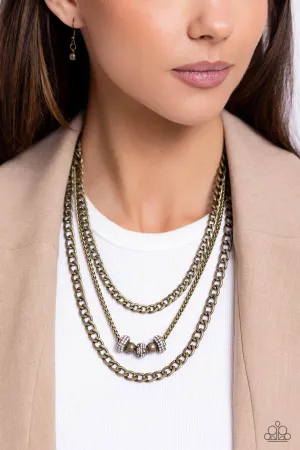 Layered Loyalty - Brass - Rhinestone Bead Tiered Curb Chain Paparazzi Short Necklace