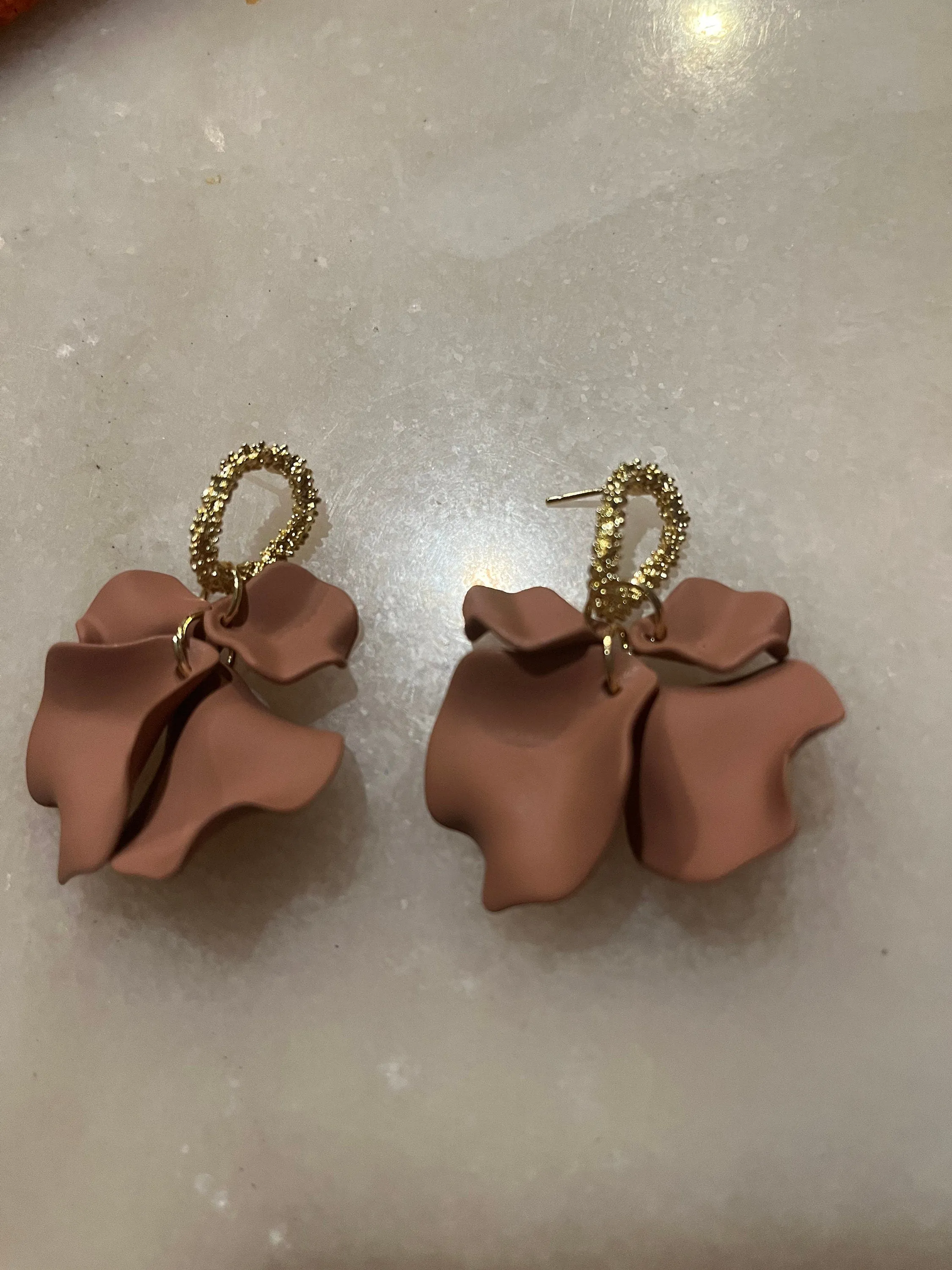 Light Brown Flower earrings , big chocolate brown earrings , long brown petal leaf earrings , big brown gold earrings