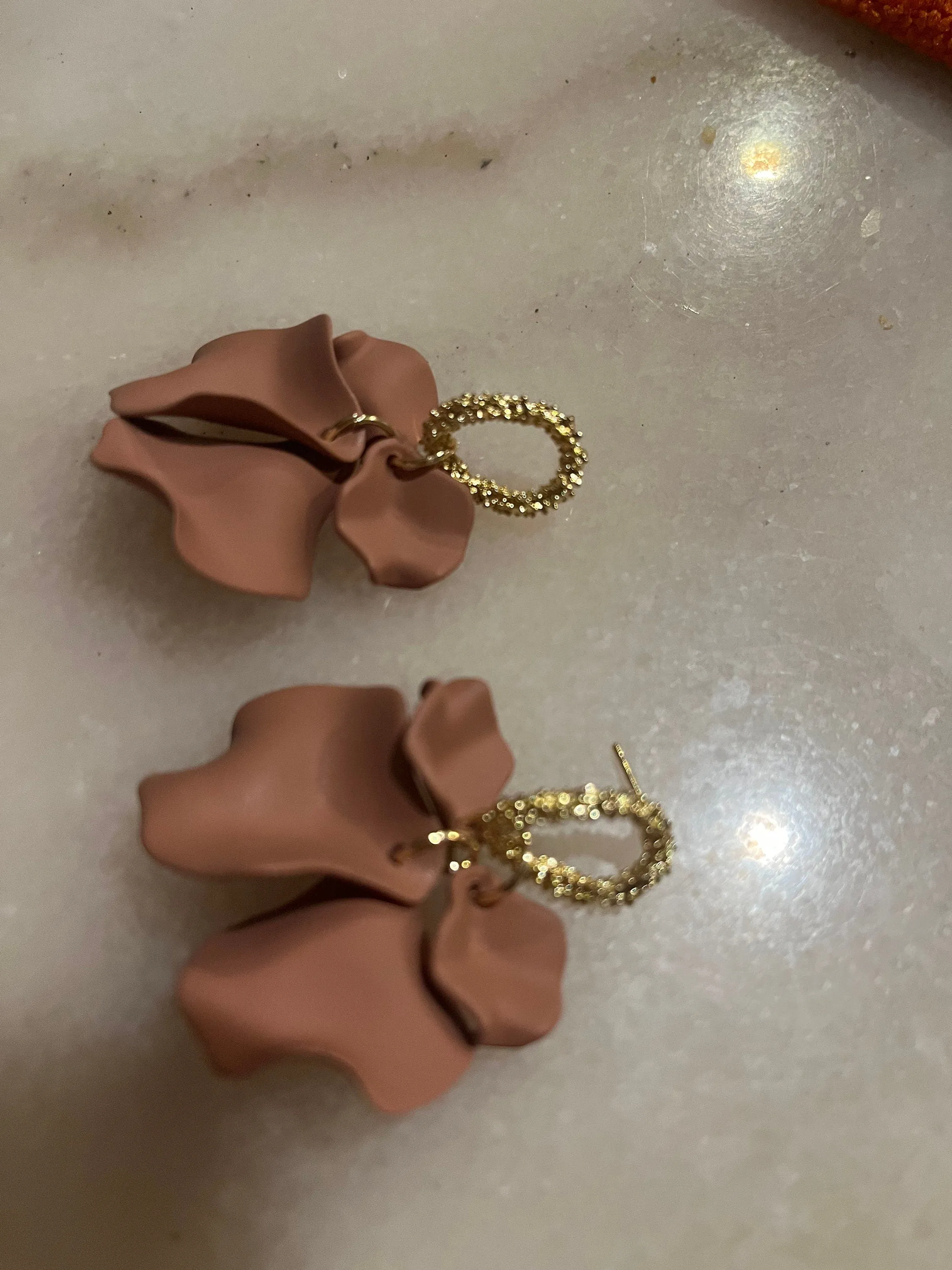 Light Brown Flower earrings , big chocolate brown earrings , long brown petal leaf earrings , big brown gold earrings