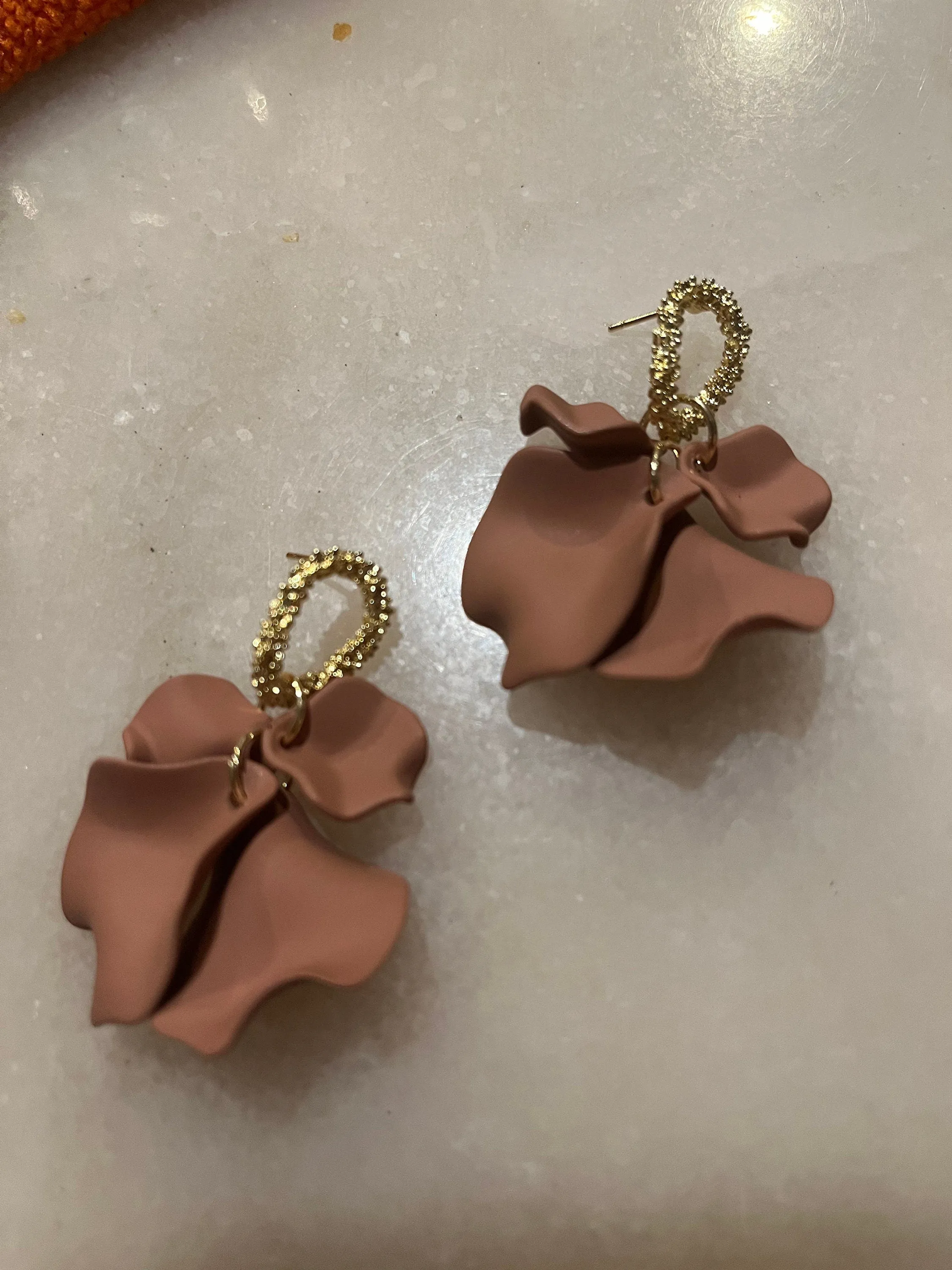 Light Brown Flower earrings , big chocolate brown earrings , long brown petal leaf earrings , big brown gold earrings