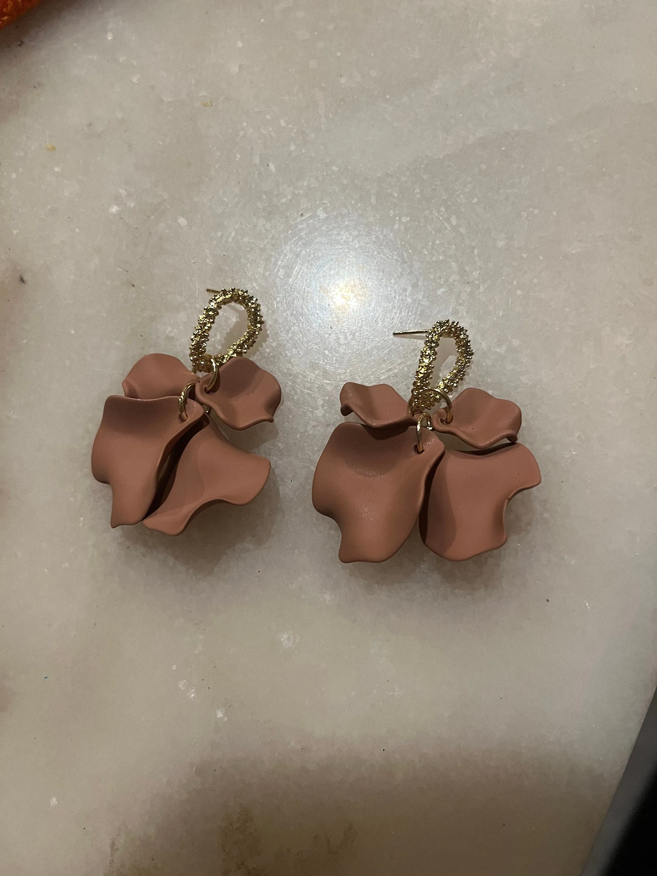 Light Brown Flower earrings , big chocolate brown earrings , long brown petal leaf earrings , big brown gold earrings