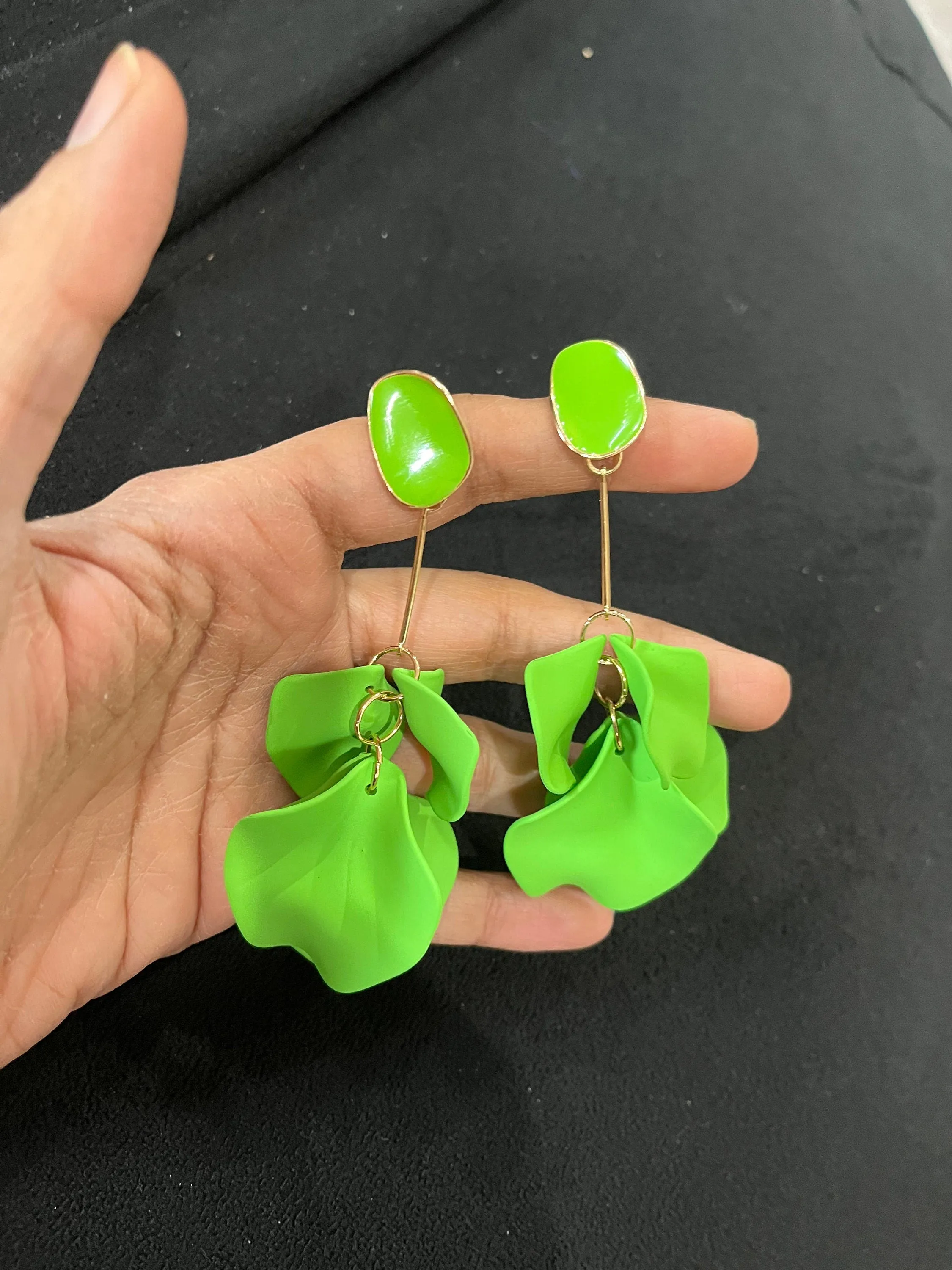 Light Green flower earrings , Lime green petal earrings , bright green acrylic earrings , long rose petal earrings big