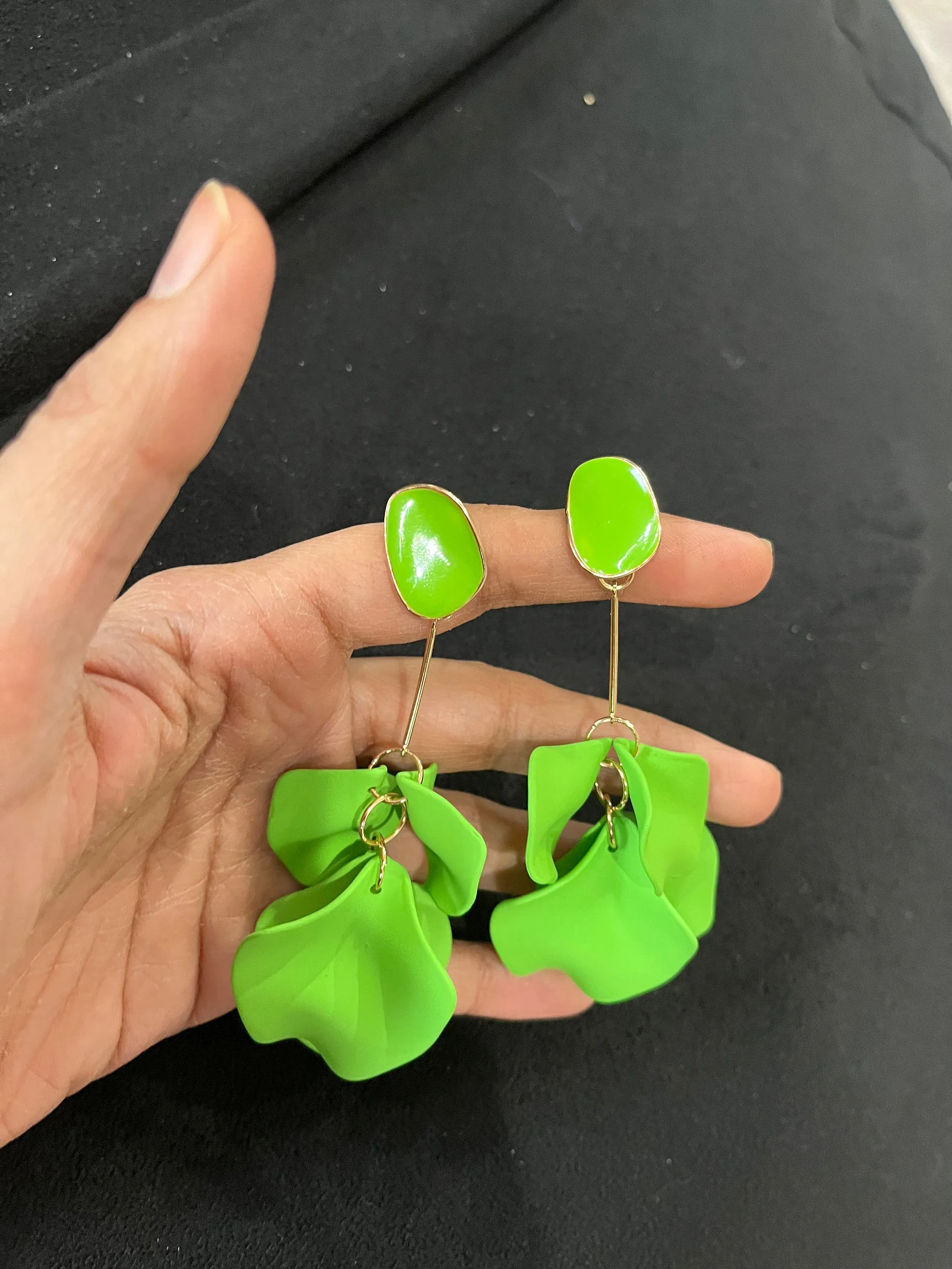 Light Green flower earrings , Lime green petal earrings , bright green acrylic earrings , long rose petal earrings big