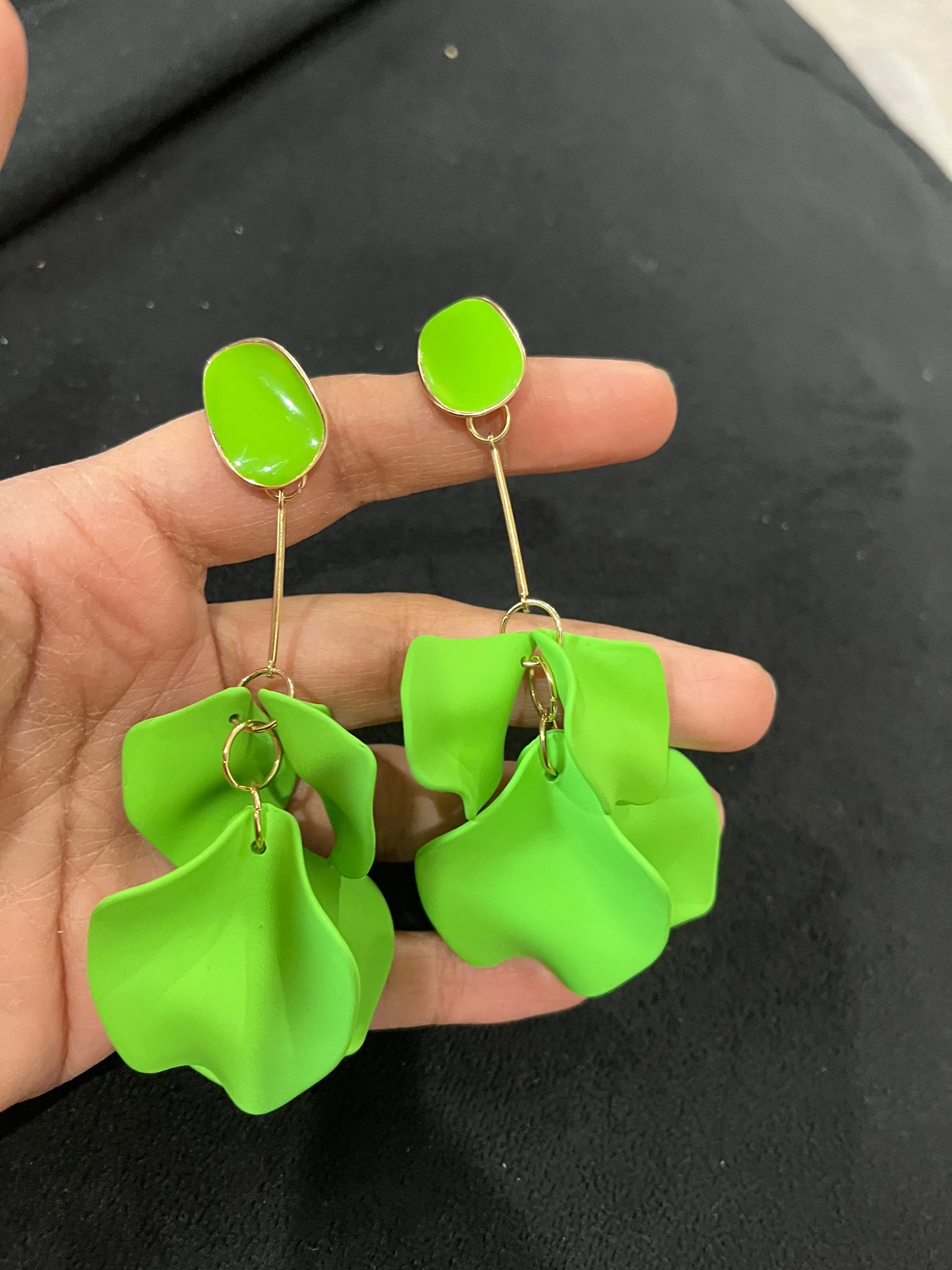 Light Green flower earrings , Lime green petal earrings , bright green acrylic earrings , long rose petal earrings big